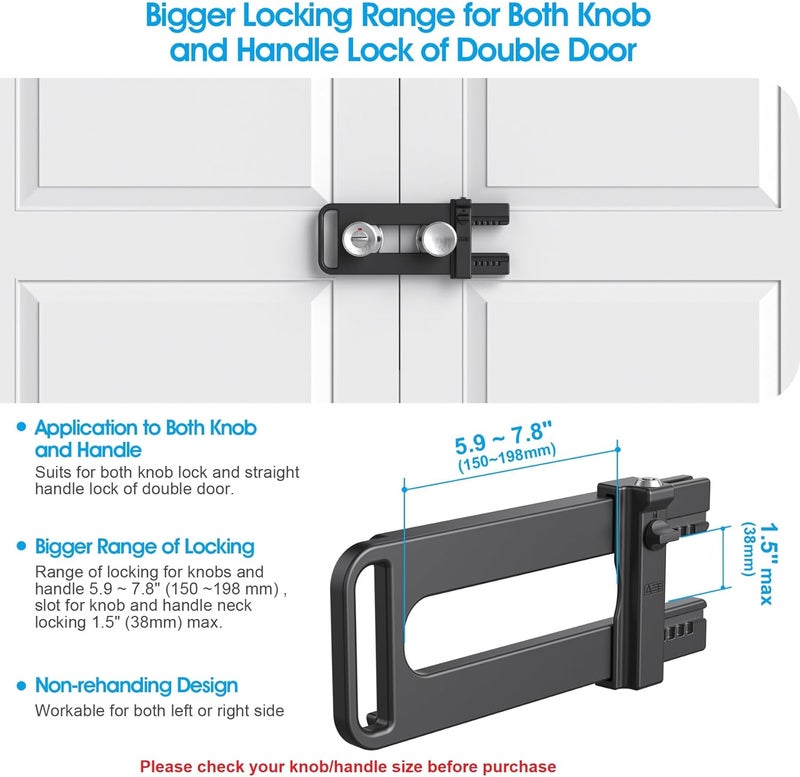 AST Double Door Security Lock, Keyed French Door Lockout Device, Reinforcement Lock for Knobs and Handle, Prevent Kick Ins, Childproof, Kids Proof Barricade (Matte Black with Snib and Cylinder) - Image 3