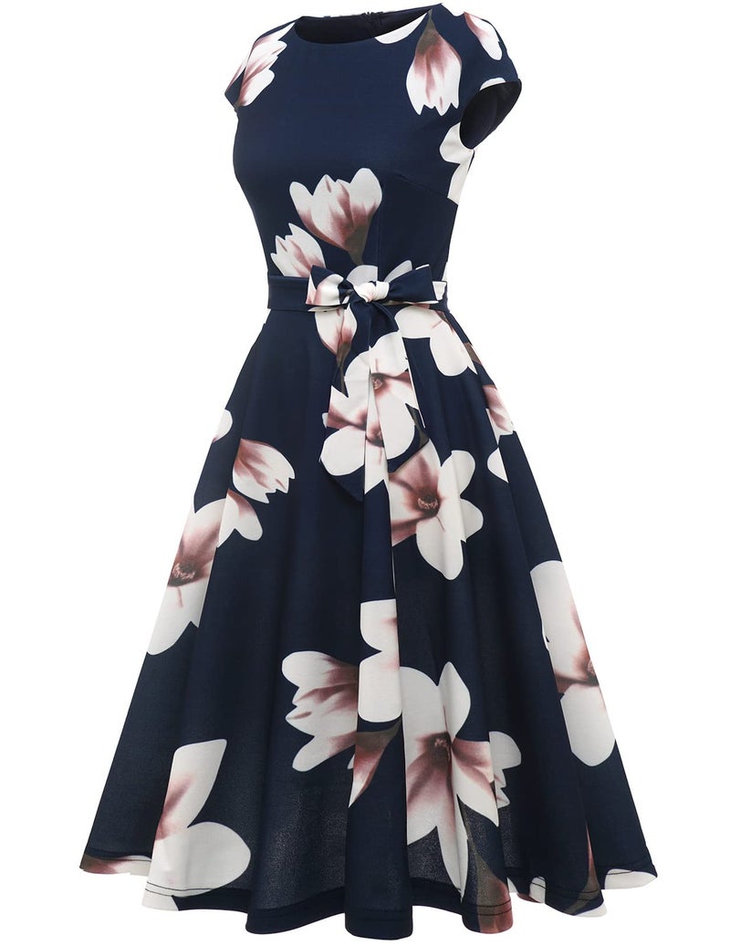 DRESSTELLS Women's Coctail Dresses for Floral Spring Summer Wedding Guest Formal Easter Party Aline Vintage Knee Length Swing Dress Print Navy Blue Flower M - Image 4