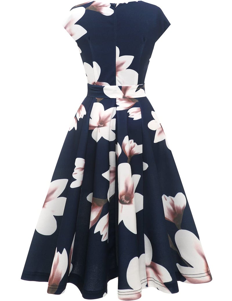 DRESSTELLS Women's Coctail Dresses for Floral Spring Summer Wedding Guest Formal Easter Party Aline Vintage Knee Length Swing Dress Print Navy Blue Flower M - Image 2
