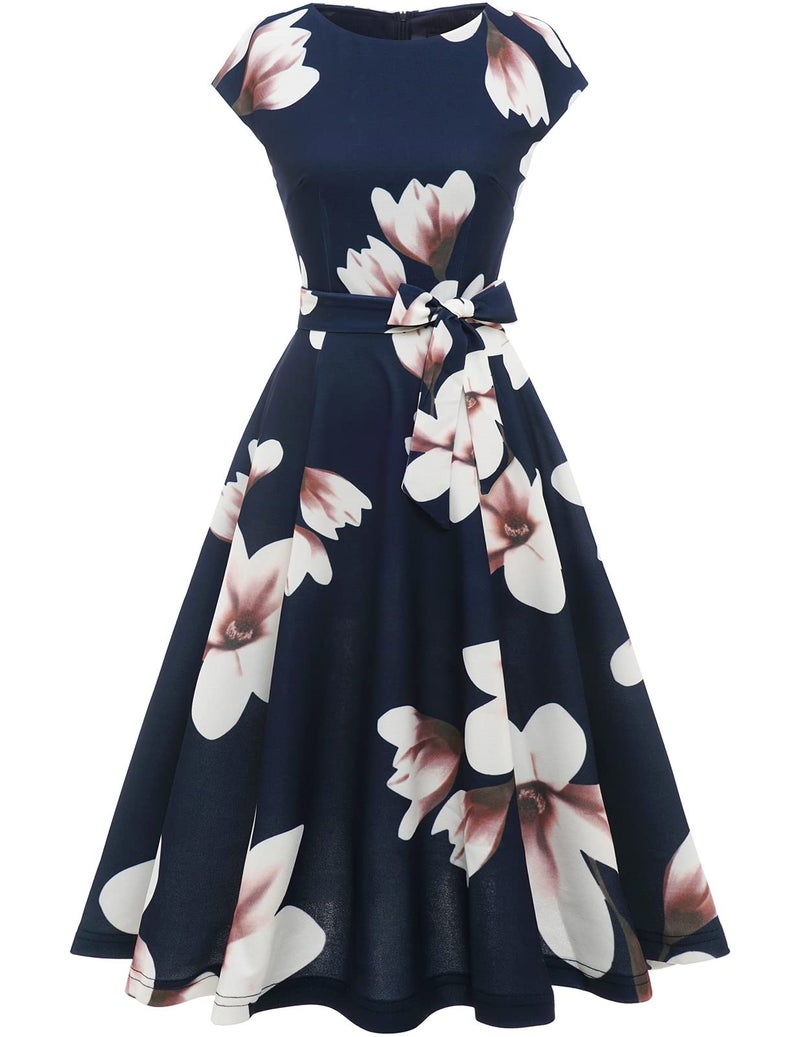 DRESSTELLS Women's Coctail Dresses for Floral Spring Summer Wedding Guest Formal Easter Party Aline Vintage Knee Length Swing Dress Print Navy Blue Flower M - Image 3