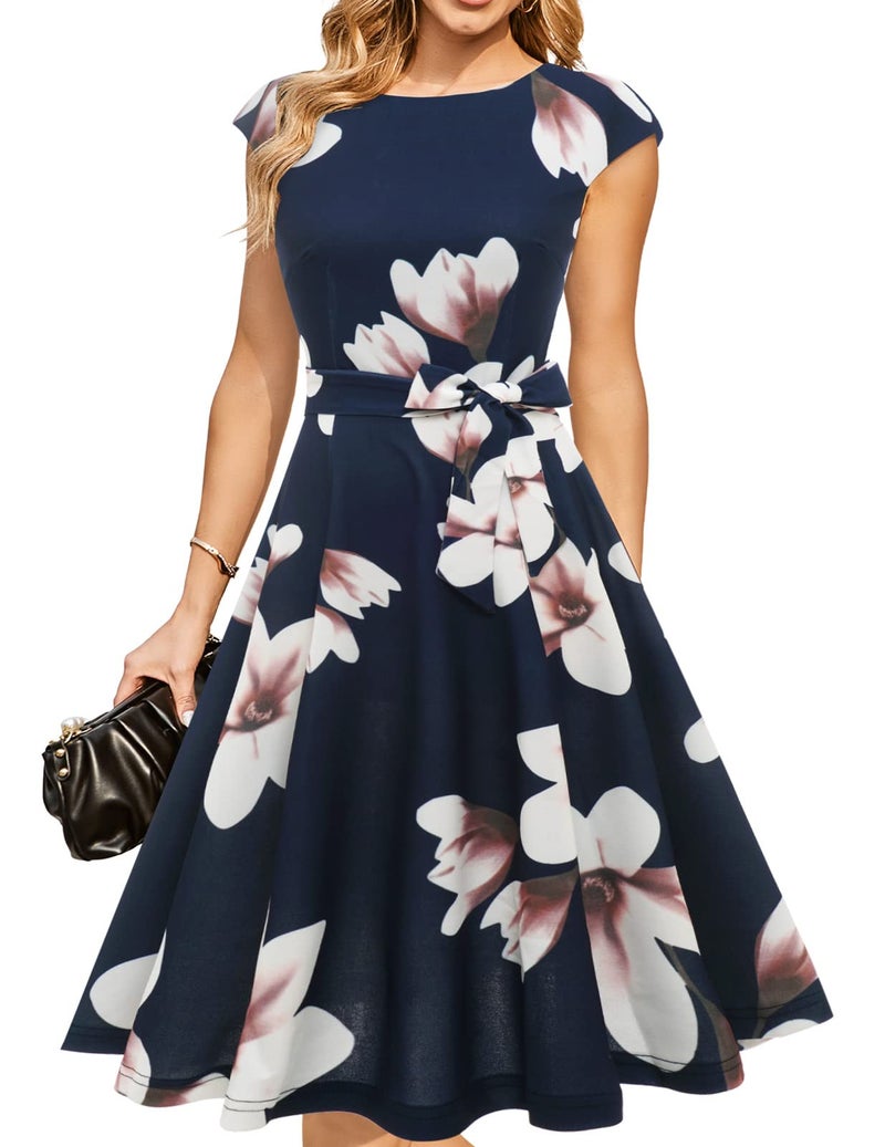 DRESSTELLS Women's Coctail Dresses for Floral Spring Summer Wedding Guest Formal Easter Party Aline Vintage Knee Length Swing Dress Print Navy Blue Flower M - Image 1