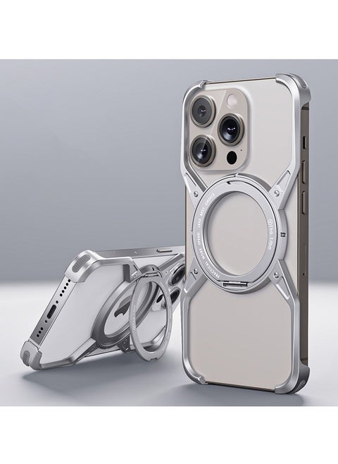 For iPhone 15 Pro Max/15 Pro/15 Plus/15 Aluminum Alloy Bezelless 360 Degree Rotating Folding Bracket Phone Case