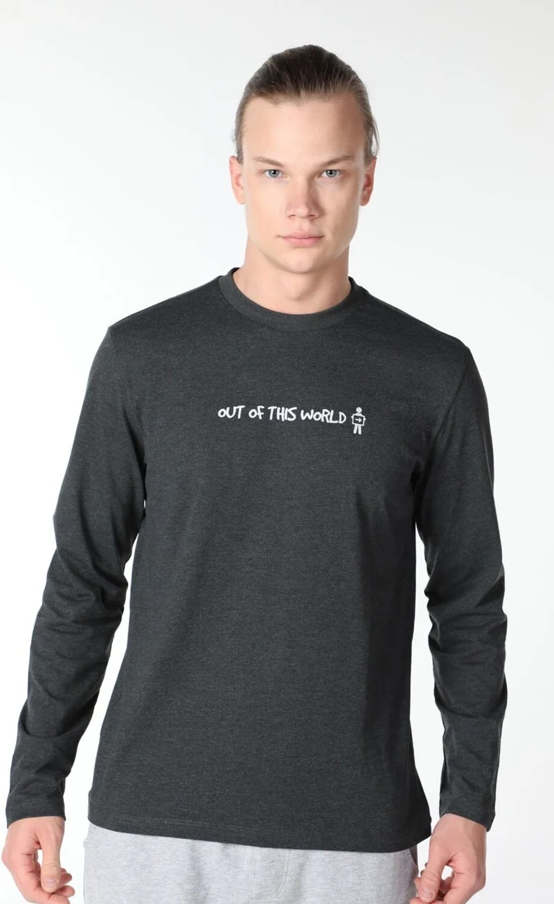 Defy's Men's Printed Long Sleeve Crew Neck T-Shirt Anthracite