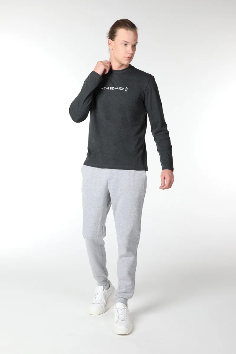 Defy's Men's Printed Long Sleeve Crew Neck T-Shirt Anthracite