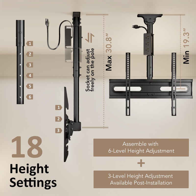 AX WABER Ceiling TV Mount with Power Outlet for 27-65 inch Flat Screen Displays, Max VESA 400x400mm, Hang Adjustable Ceiling TV Bracket Fits Most LCD LED TVs, Pole Ceiling Mount Holds up to 110lbs - Image 5