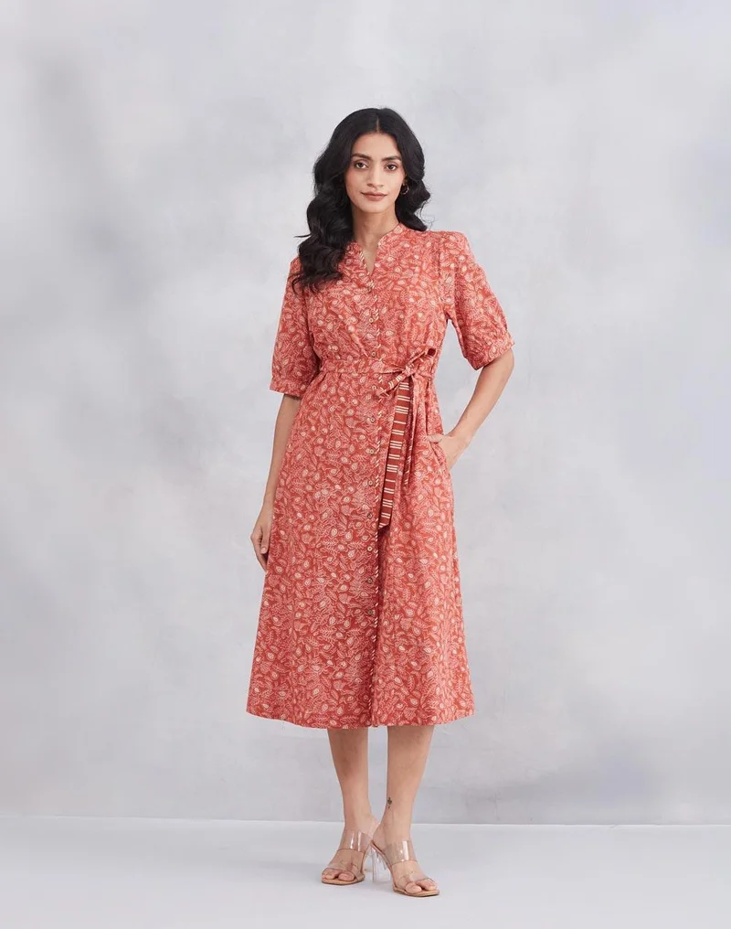 Fabindia Orange Cotton Printed Midi Dress