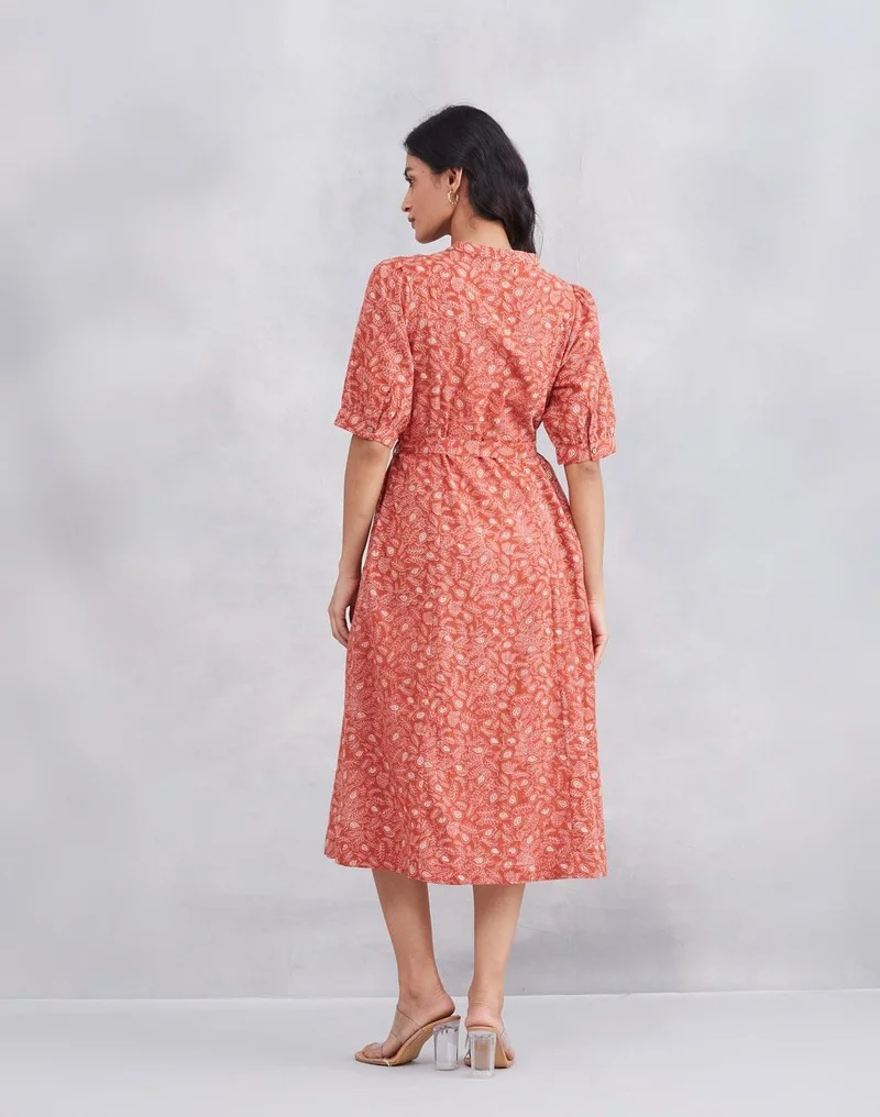 فاب انديا Orange Cotton Printed Midi Dress