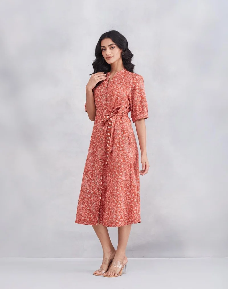 فاب انديا Orange Cotton Printed Midi Dress