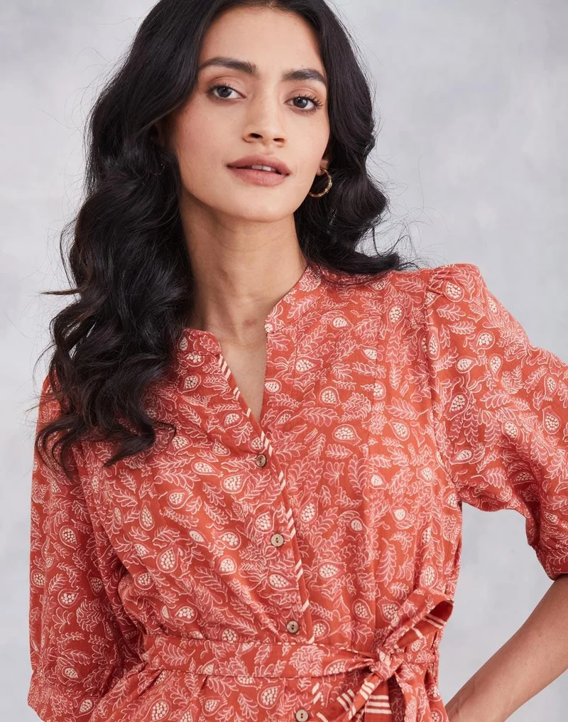 فاب انديا Orange Cotton Printed Midi Dress