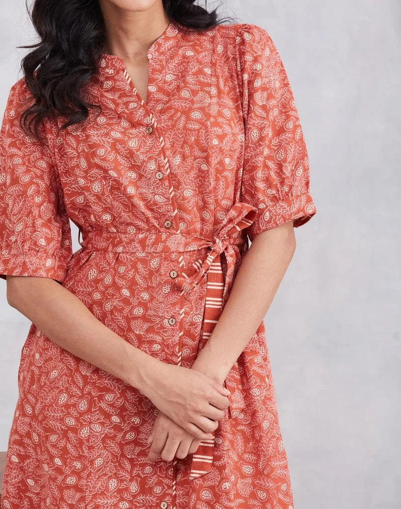 فاب انديا Orange Cotton Printed Midi Dress