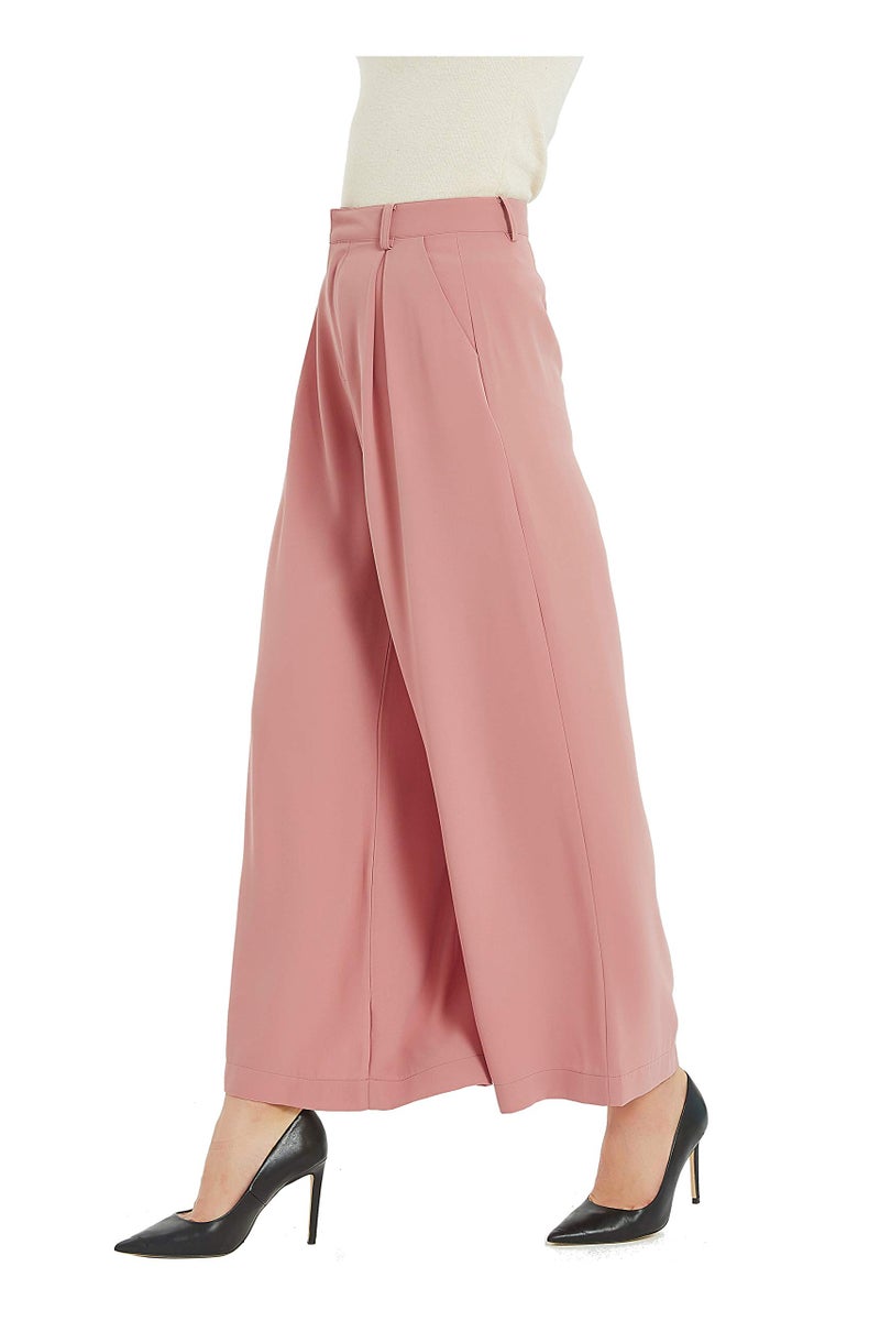 Tronjori Women High Waist Casual Wide Leg Long Palazzo Pants Trousers Regular SizeS Rose Tan