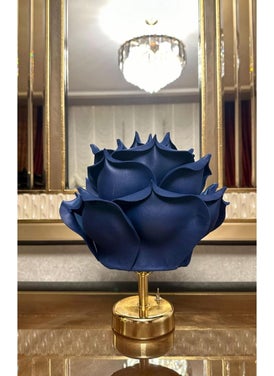 Maison Avf Dekor Artificial Eva Flower Wireless Table Lamp Top Navy Blue-Bottom Shiny Gold (9V Battery 75-90 Hours) 
