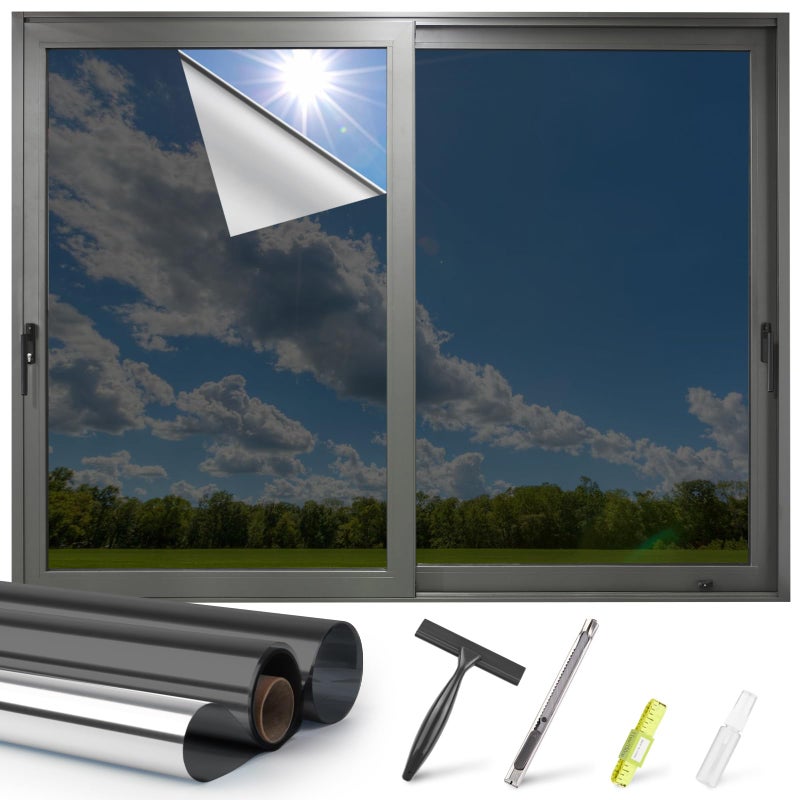 Kromapolis One Way Window Privacy Film Reflective Mirror Home Window Tint, Daytime Privacy Heat Control Anti UV Glass Tinting Static Cling (Black-Silver, 17.5 x 78.7 inch) - Image 1