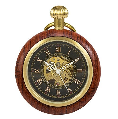 TREEWETO Wooden Mechanical Roman Numerals Pocket Watch Open Face Fob Watch for Men Women - Image 1