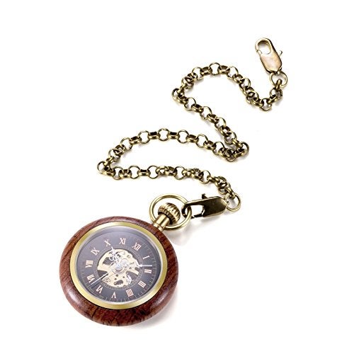 TREEWETO Wooden Mechanical Roman Numerals Pocket Watch Open Face Fob Watch for Men Women - Image 3