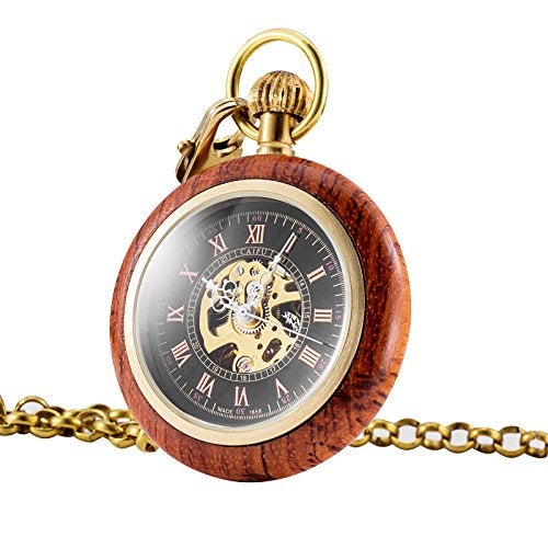 TREEWETO Wooden Mechanical Roman Numerals Pocket Watch Open Face Fob Watch for Men Women - Image 2
