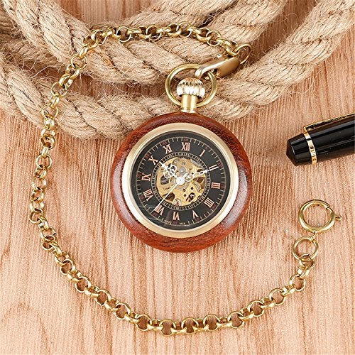 TREEWETO Wooden Mechanical Roman Numerals Pocket Watch Open Face Fob Watch for Men Women - Image 4