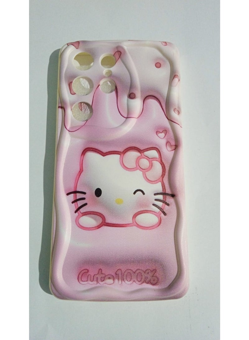 جراب هاتف بتصميم كرتوني مجسم ثلاثي الأبعاد لشخصية "هالو كيتي" (Hello Kitty) يتميز بتصميم متموج  يأتي بتدرجات اللون الوردي الزاهي مع لمسات بيضاء. متوافق مع ايفون اس 23 الترا