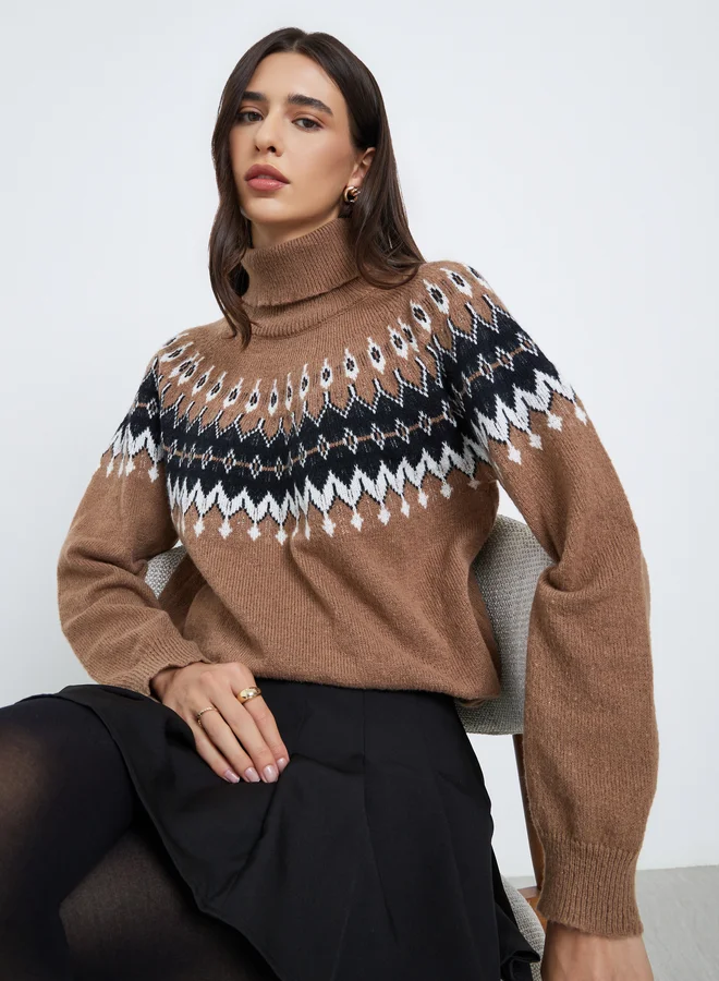 Styli Beige Regular Fit Fair Isle Pattern Sweater
