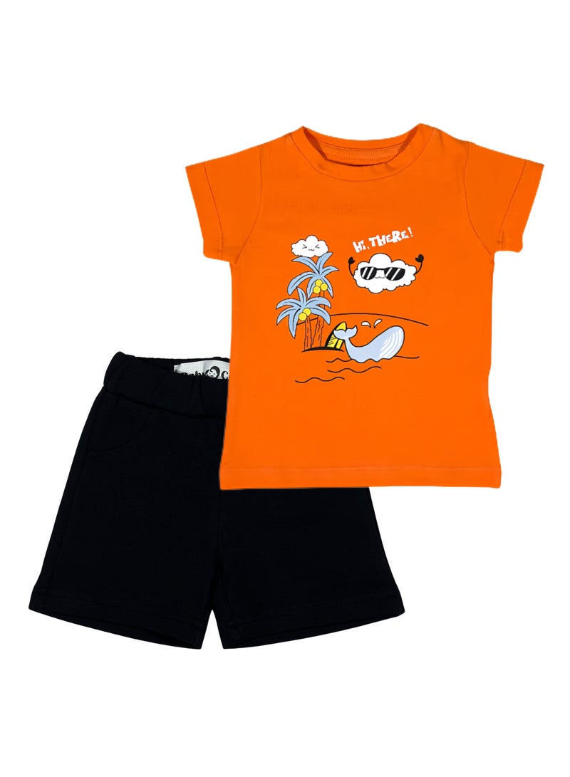 Baby Co. Summer Orange Cotton Set (Orange Summer T-shirt + Black Shorts) - Image 1