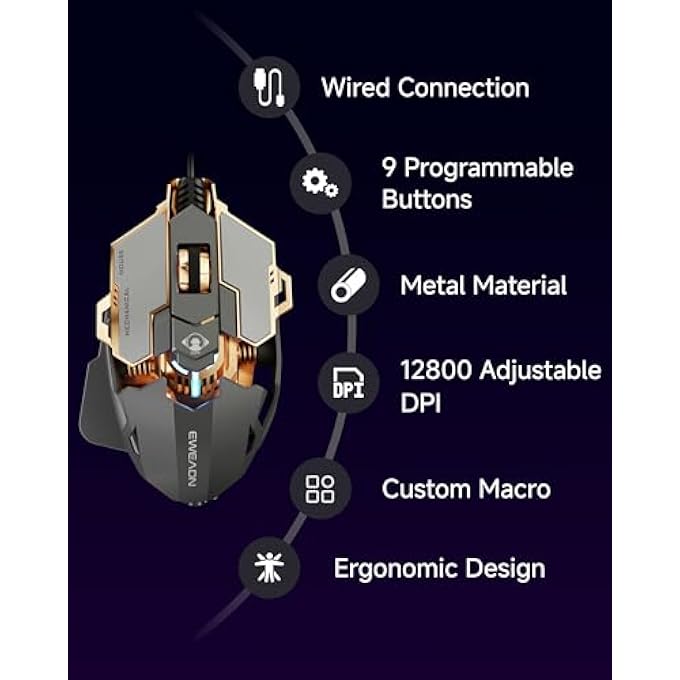 Eweadn ماوس الألعاب السلكي EWEADN G5، ماوس كمبيوتر مريح RGB، 12800 DPI قابل للتعديل، 9 أزرار ماكرو قابلة للبرمجة مع زر إطلاق النار السريع متوافق مع الكمبيوتر/اللابتوب/ويندوز - رمادي - Image 3
