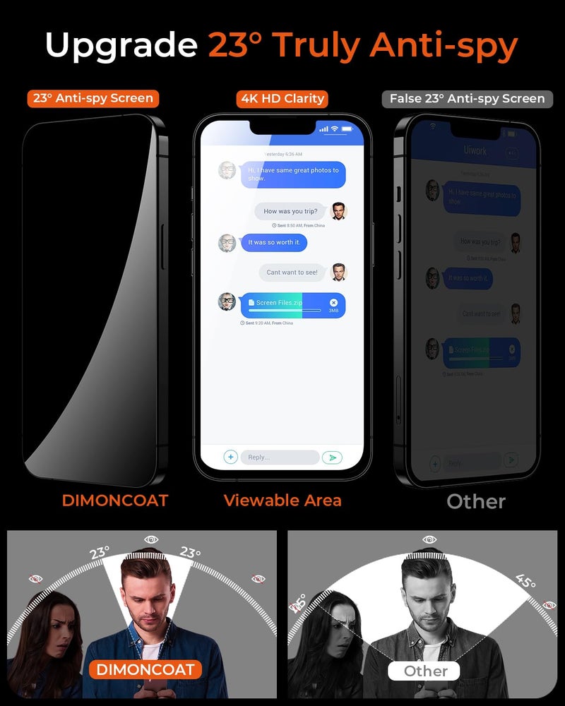 DIMONCOAT 4-PACK Privacy Screen Protector Compatible with iPhone 13 Pro Max/14 Plus [Auto Alignment Kit] [10X Military Protection] 13 Pro Max/14 Plus 6.7 inch Tempered Glass Film [Case Friendly] - Image 3