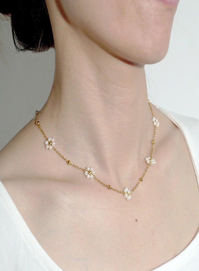 KONPJE 5PCS Daisy Pearl Jewelry Set for Women Gold Flower Choker Necklace Cute Gold Daisy Drop Earrings Adjustable Flower Pearl Bracelet Trendy Jewelry Accessories (5Piece) - Image 3