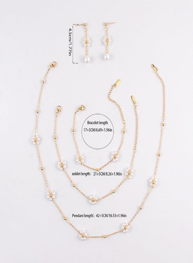 KONPJE 5PCS Daisy Pearl Jewelry Set for Women Gold Flower Choker Necklace Cute Gold Daisy Drop Earrings Adjustable Flower Pearl Bracelet Trendy Jewelry Accessories (5Piece) - Image 2