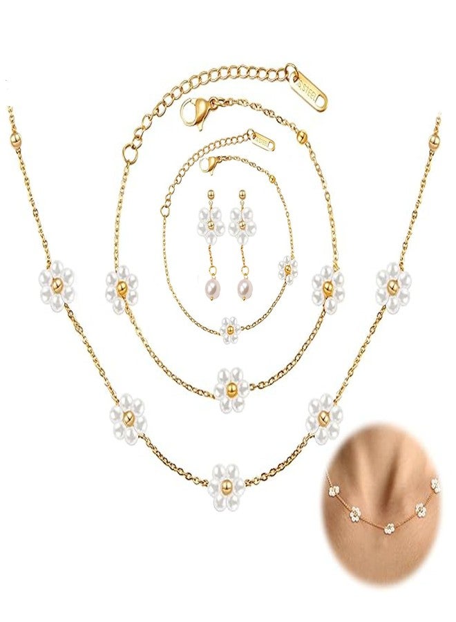 KONPJE 5PCS Daisy Pearl Jewelry Set for Women Gold Flower Choker Necklace Cute Gold Daisy Drop Earrings Adjustable Flower Pearl Bracelet Trendy Jewelry Accessories (5Piece) - Image 1