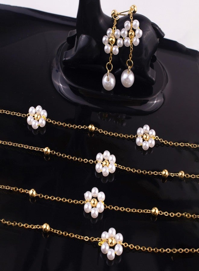KONPJE 5PCS Daisy Pearl Jewelry Set for Women Gold Flower Choker Necklace Cute Gold Daisy Drop Earrings Adjustable Flower Pearl Bracelet Trendy Jewelry Accessories (5Piece) - Image 5