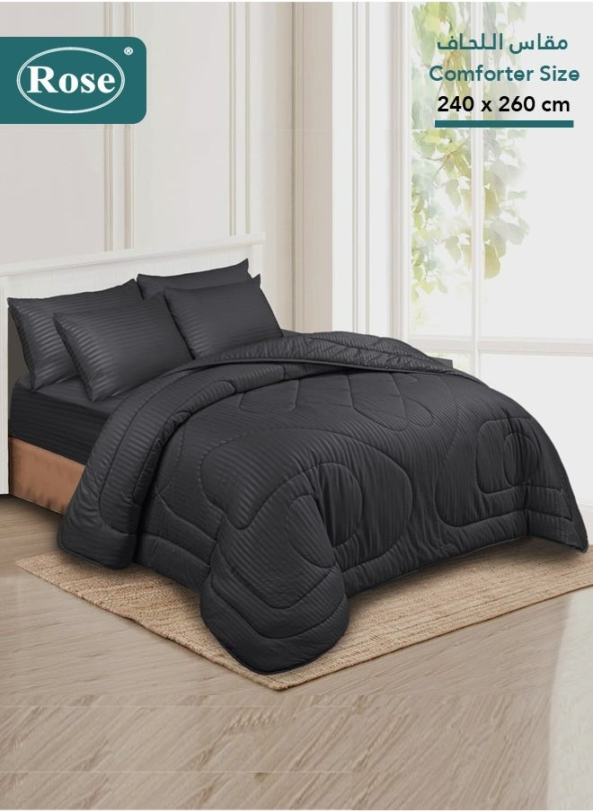 Rose ROSE Luxurious Striped Hotel Comforter, Premium Microfiber, Set of 6 pieces, Soft Lightweight, King size 260x240 cm, Black  - Image 1
