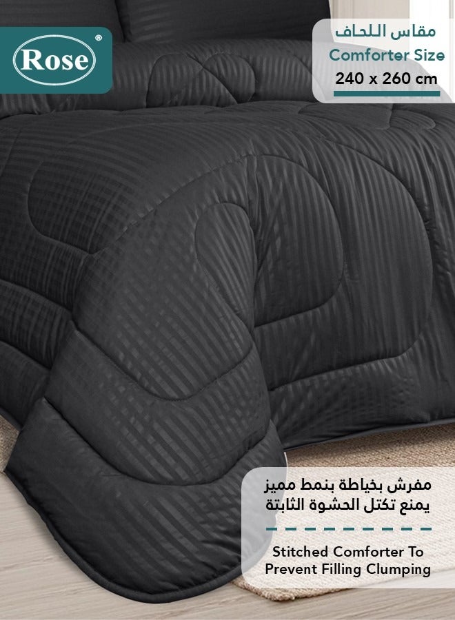 روز طقم مفرش فندقي مزدوج بحشوة ثابتة, مايكروفايبر فاخر, 6 قطع, يناسب سرير 200×200 سم مقاس نفرين كينج, تصميم مقلم فندقي، أسود - Image 3