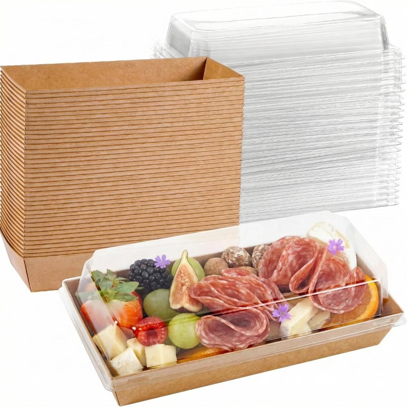 Leafiew 50 Pack 7.5x3.3 Inches Small Charcuterie Boxes with Clear Lids - To Go Paper Mini Treat Box, Charcuterie Boards Accessories, Dessert Boxes, Cookie, Cake Slice, Chocolate Strawberry, Donut (Brown) - Image 1