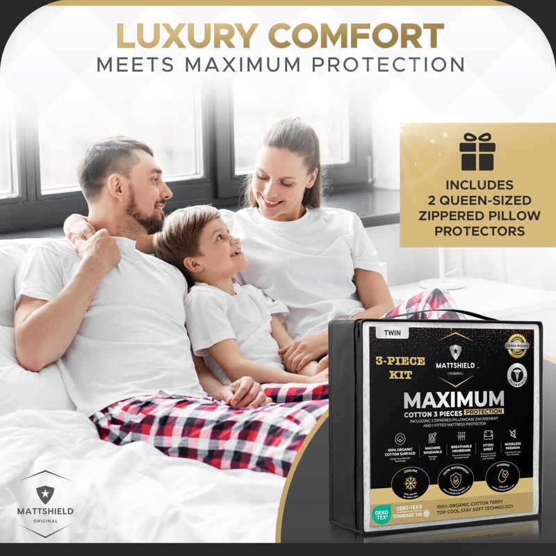 MATTSHIELD ORIGINAL MATTSHIELD Maximum 3-Piece Kit - Waterproof Organic Cotton Terry Mattress Protector Queen + 2 Pillow Protectors - Fitted with Stretchable Pockets - Skin-Friendly, Breathable Mattress Cover - Image 2