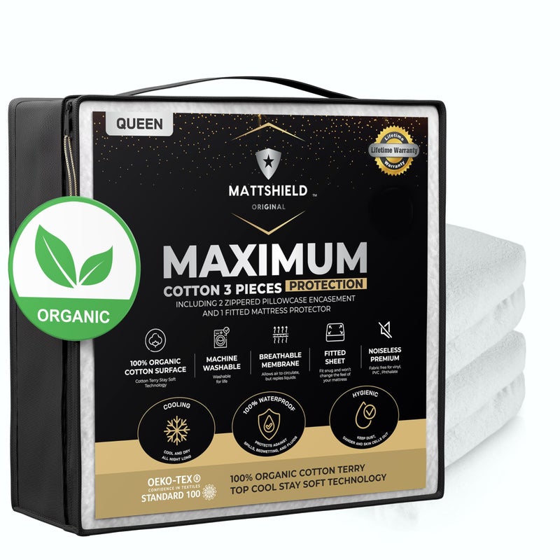 MATTSHIELD ORIGINAL MATTSHIELD Maximum 3-Piece Kit - Waterproof Organic Cotton Terry Mattress Protector Queen + 2 Pillow Protectors - Fitted with Stretchable Pockets - Skin-Friendly, Breathable Mattress Cover - Image 1