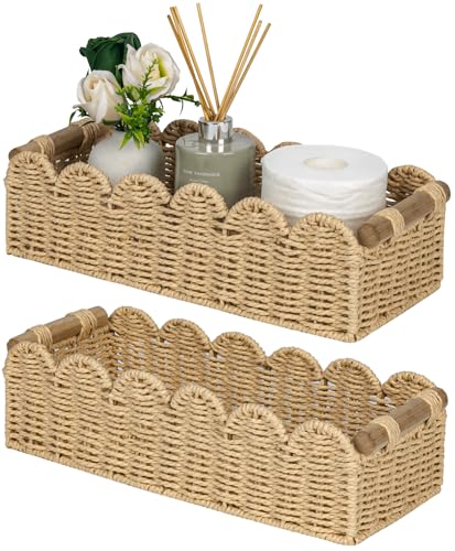 CubesLand Bathroom Basket Organizer, Toilet Tank Paper Storage Baskets 2-Pack, Scalloped Decorative Basket for Countertop w/Handle, Wicker Basket for Bathroom Decor, Home Decor, Living Room, Beige - Image 1