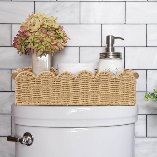 CubesLand Bathroom Basket Organizer, Toilet Tank Paper Storage Baskets 2-Pack, Scalloped Decorative Basket for Countertop w/Handle, Wicker Basket for Bathroom Decor, Home Decor, Living Room, Beige - Image 2