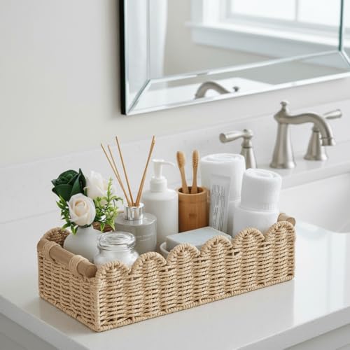 CubesLand Bathroom Basket Organizer, Toilet Tank Paper Storage Baskets 2-Pack, Scalloped Decorative Basket for Countertop w/Handle, Wicker Basket for Bathroom Decor, Home Decor, Living Room, Beige - Image 3