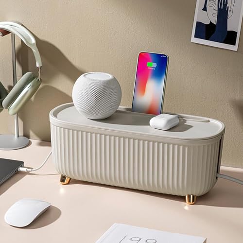 Soko Cable Management Box with Mobile Stand | Cords Hider & Surge Protector | Concealer for Power Strips, Router, Gadget Wires Storage Organizer Tray for Desk, Table - Home, Office (WireHide) - Beige - Image 1