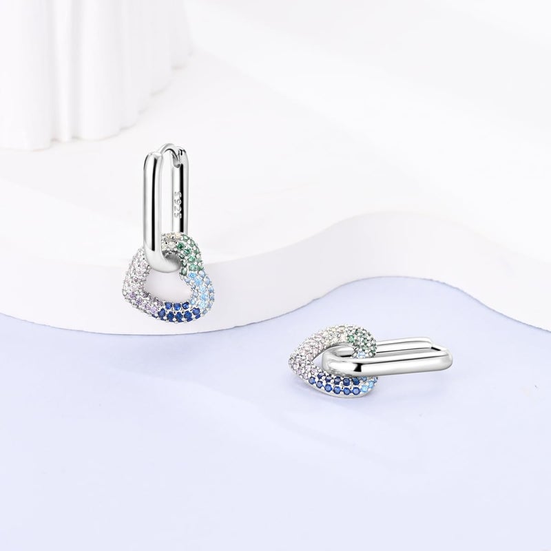 Parmuz 925 Sterling Silver Earring Love Heart U shape Hoop Earrings for Women, Colorful Rainbow Moon Star Dangle Drop Small Huggie Hoop Earrings Set Fashion Jewelry Gift - Image 2