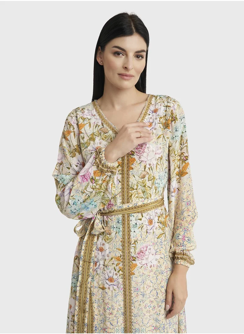 كشخة Floral Print Viscose Jalabiya with beads work