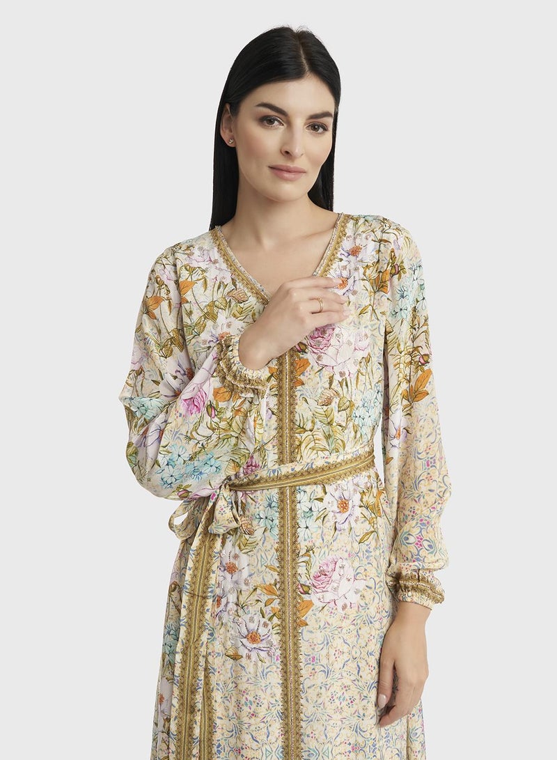 كشخة جلابية فيسكوز بطبعة زهور مع تطريز خرز - Image 1