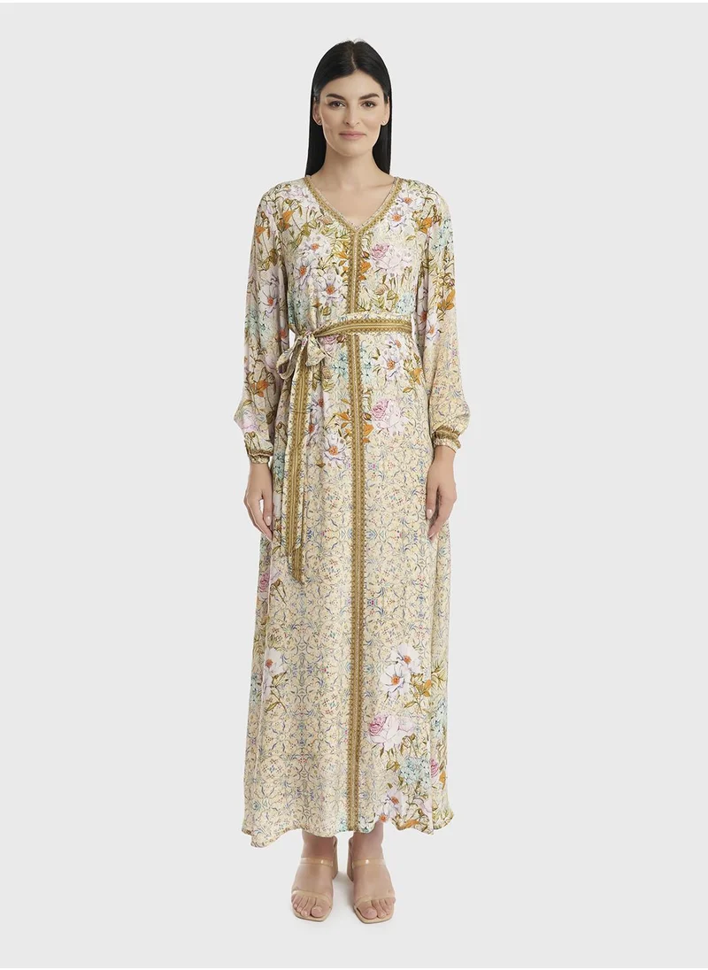 كشخة Floral Print Viscose Jalabiya with beads work