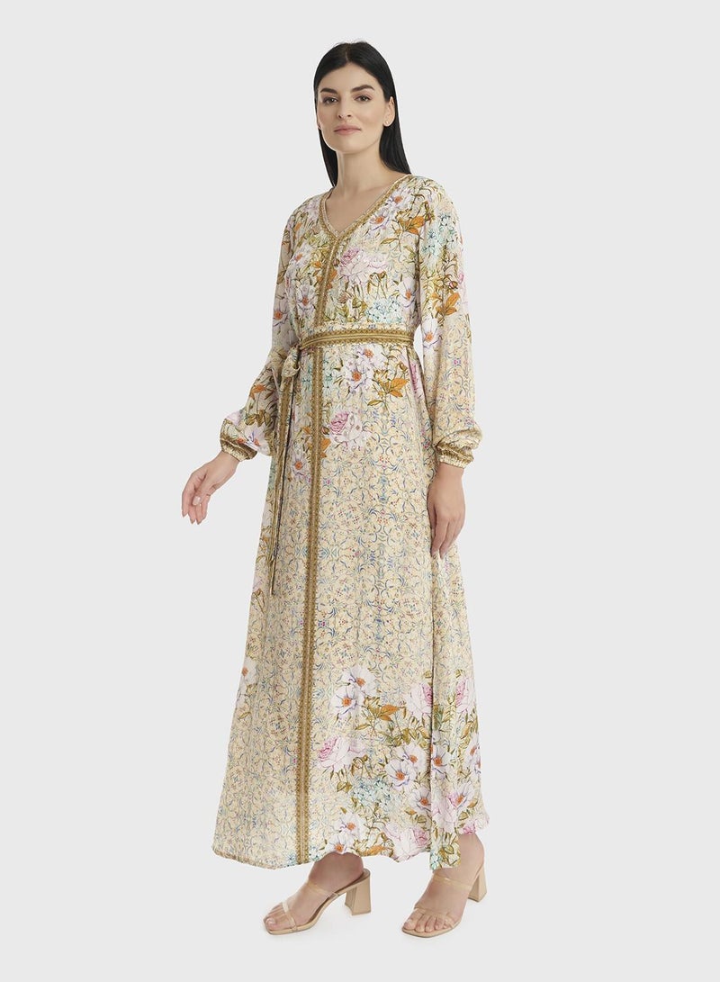 كشخة جلابية فيسكوز بطبعة زهور مع تطريز خرز - Image 3