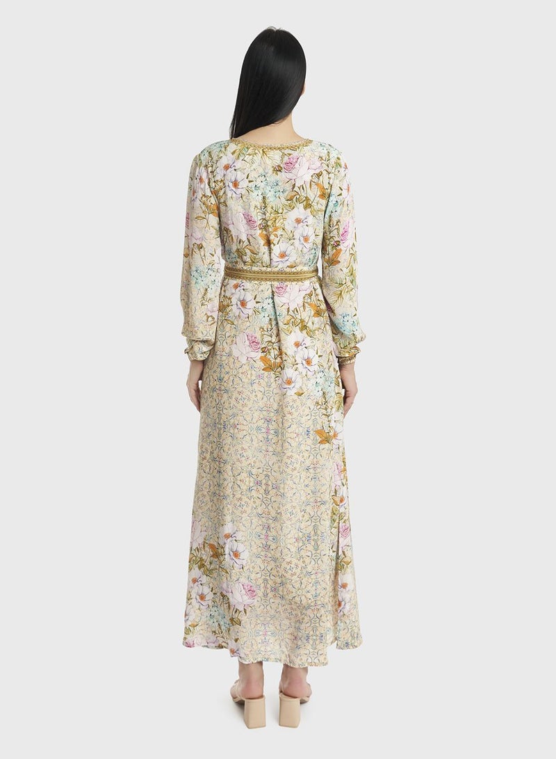 كشخة جلابية فيسكوز بطبعة زهور مع تطريز خرز - Image 4