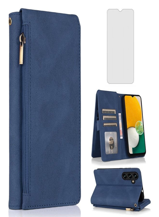 Asuwish Compatible with Samsung Galaxy A13 5G Wallet Case Tempered Glass Screen Protector Zipper Leather Flip Cover Card Holder Stand Cell Accessories Phone Cases for Glaxay A 13 Gaxaly 13A Women Men Blue - Image 1