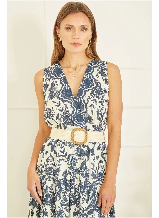 Yumi Floral Border Print Broderie Anglaise Cotton Midi Dress