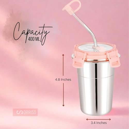 Sorriso 400 ML Stainless Steel Tumbler with Straw & BPA-Free Lid – Leak-Proof, Food Grade Cap, Steel Straw with Cleaning Brush | Tumbler Bottle for Coffee, Tea, Juice | Office, Travel, Gym, Pink - Image 3