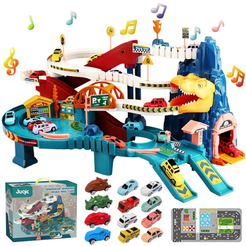 Juqic Toy Car Ramp Track Dinosaur Climbing Hills Railcar Colorful Vehicles Construction Play Set with 12 Mini Racer Cars and Track for Preschool Gifts Kids Ages 3 Years and Older Dinosaur Hill - Image 2