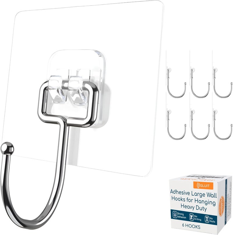 GLUIT Adhesive Large Wall Hooks for Hanging Heavy Duty 22 lbs Hooks for Walls No Damage, Towel Sticky Clear Hooks, Waterproof, Home, Bathroom, Kitchen, Office, and Outdoor 6 Pack - Image 1